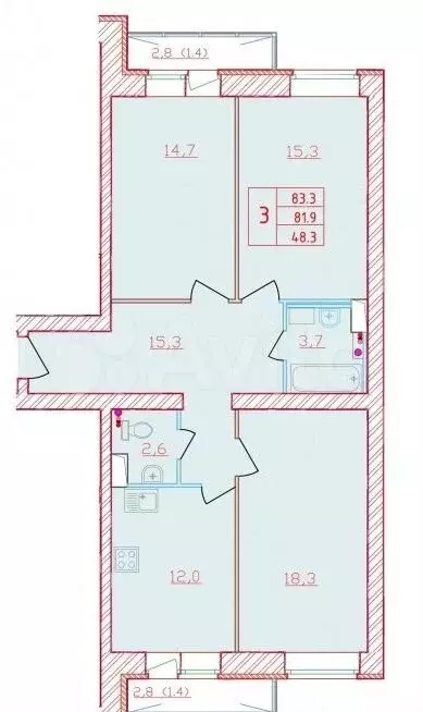 3-к. квартира, 83,3 м, 2/9 эт. - Фото 0