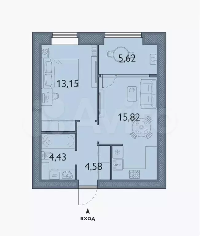 1-к. квартира, 43,6 м, 3/8 эт. - Фото 1