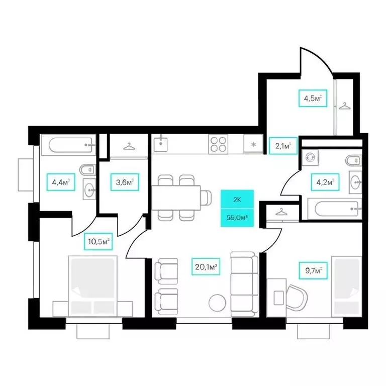 2-комнатная квартира: Тюмень, улица Червишевский Тракт, 25 (59 м) - Фото 1