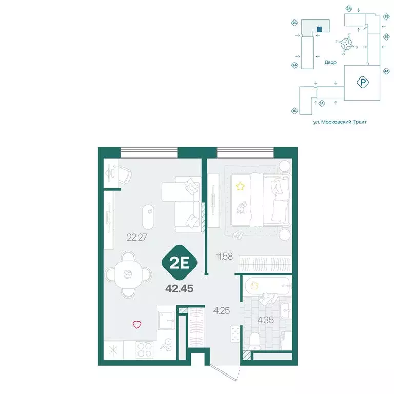 2-комнатная квартира: Тюмень, жилой комплекс Сибирский (42.45 м) - Фото 1