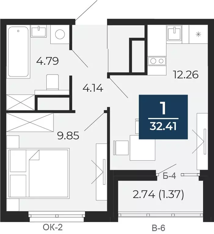 1-комнатная квартира: Тюмень, улица Фармана Салманова, 23 (32.41 м) - Фото 1