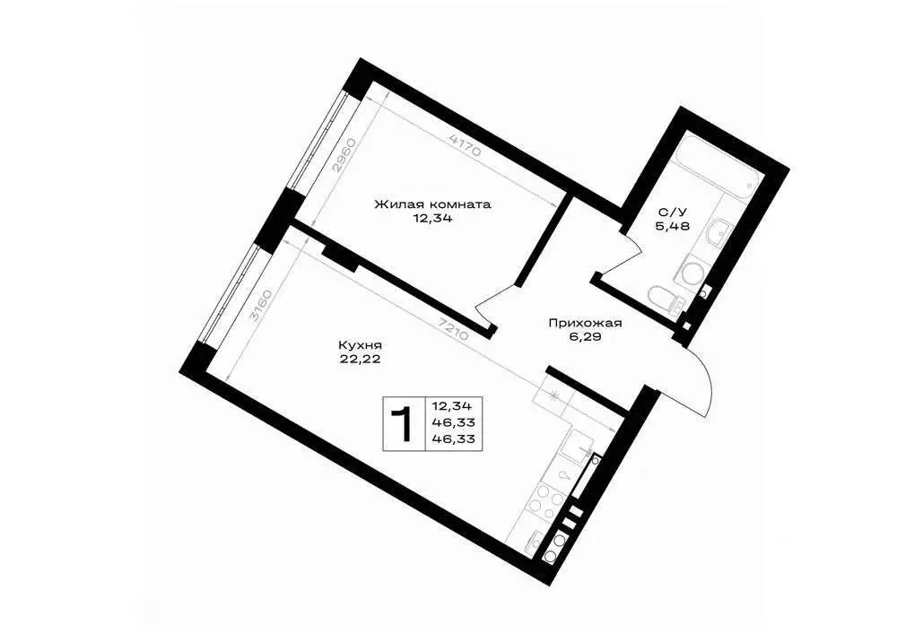 1-к кв. Калининградская область, Гурьевск ш. Гурьевское, 7 (46.33 м) - Фото 1