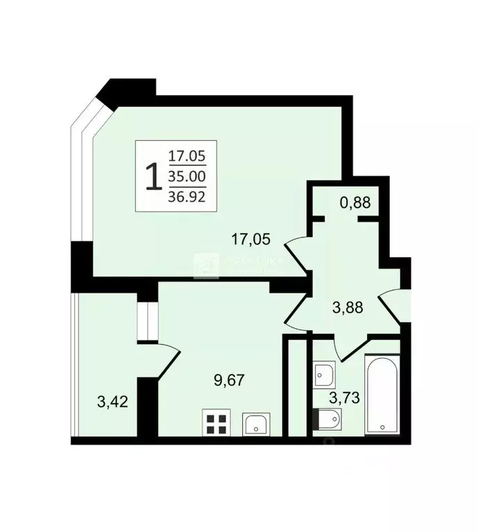 Квартира, 1 комната, 35 м - Фото 1