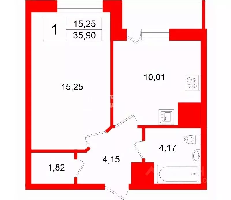 1-к кв. Санкт-Петербург пос. Парголово, Заречная ул., 25 (35.9 м) - Фото 2