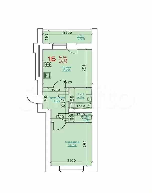 1-к. квартира, 46,8 м, 4/8 эт. - Фото 1