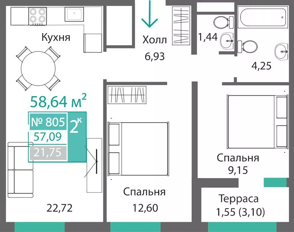 2-к кв. Крым, Симферополь Крымская роза мкр,  (58.64 м) - Фото 0
