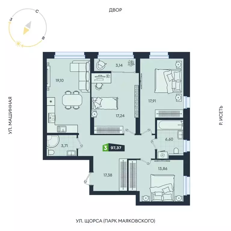 3-комнатная квартира: Екатеринбург, Машинная улица, 1В/4 (97.37 м) - Фото 1