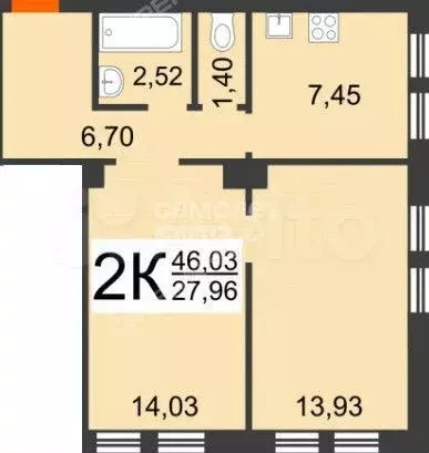2-к. квартира, 46,3 м, 2/5 эт. - Фото 0