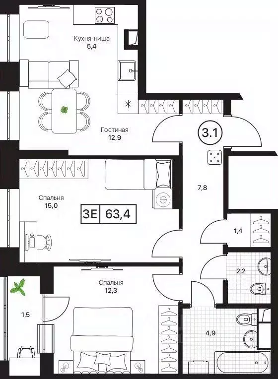Квартира, 3 комнаты, 63.4 м - Фото 1