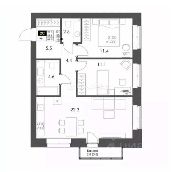 2-к кв. Вологодская область, Вологда ул. Спирина, 6 (62.6 м) - Фото 0