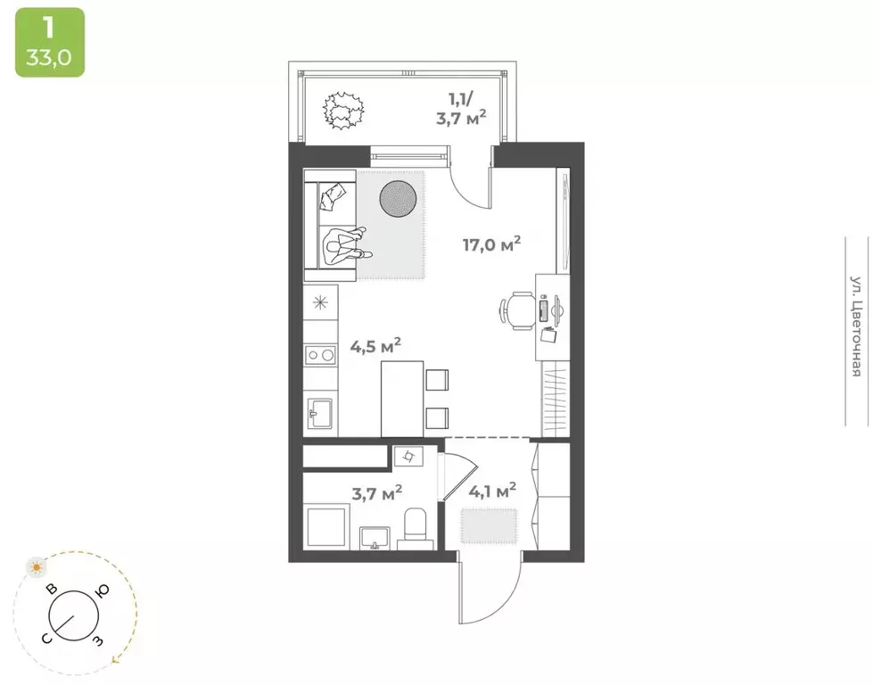 Студия Тверская область, Тверь Соминка мкр,  (30.4 м) - Фото 1