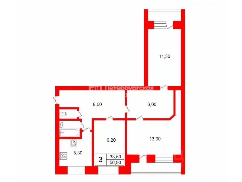 3-к кв. Санкт-Петербург просп. Наставников, 13 (56.9 м) - Фото 2