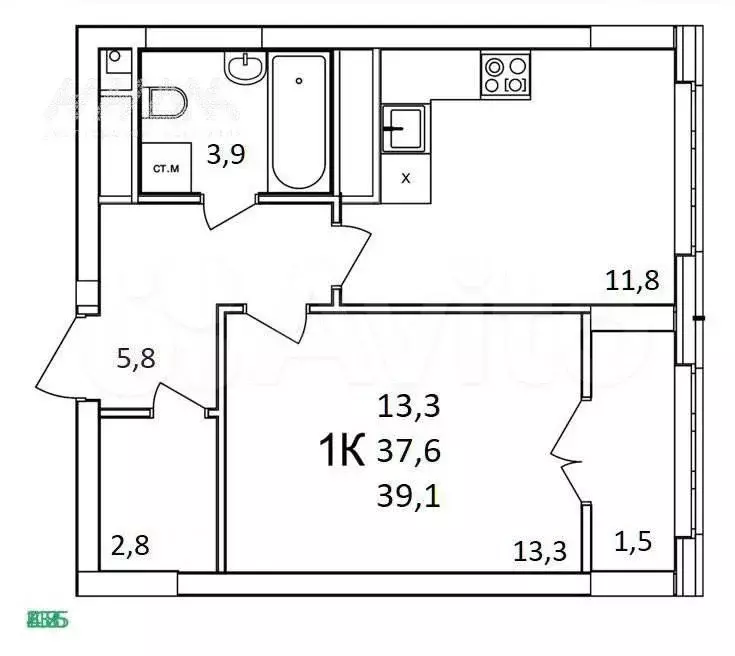 1-к. квартира, 39,1 м, 14/25 эт. - Фото 0