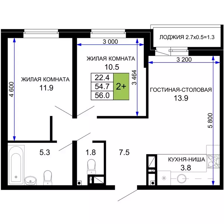 2-комнатная квартира: Краснодар, жилой комплекс Дыхание (56 м) - Фото 0