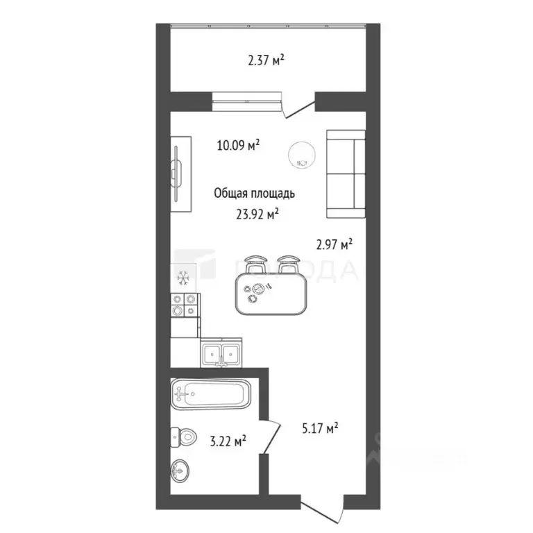Студия Новосибирская область, Новосибирск ул. Ясный Берег, 43 (23.92 ... - Фото 2