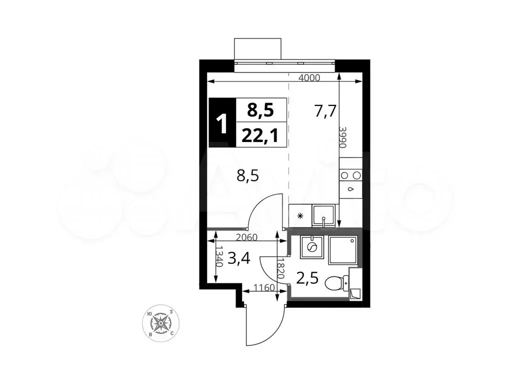 Квартира-студия, 22,1м, 13/16эт. - Фото 0