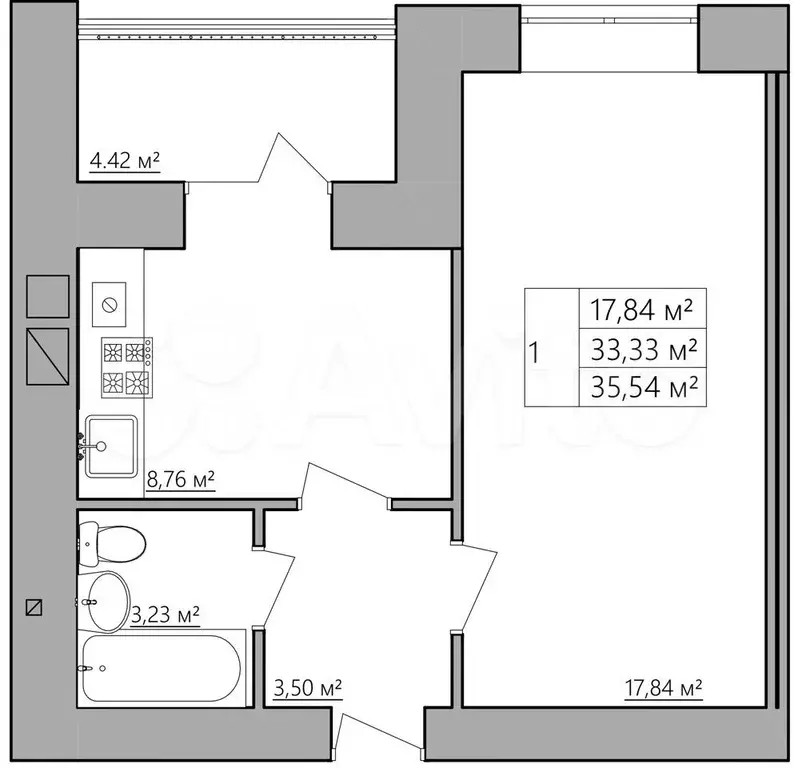 1-к. квартира, 35,5 м, 2/9 эт. - Фото 0