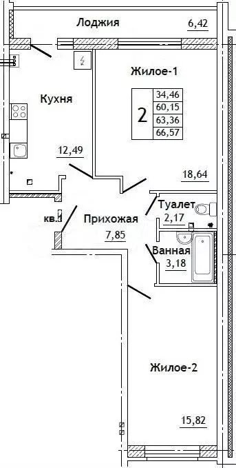 2-к. квартира, 66,6 м, 1/10 эт. - Фото 0