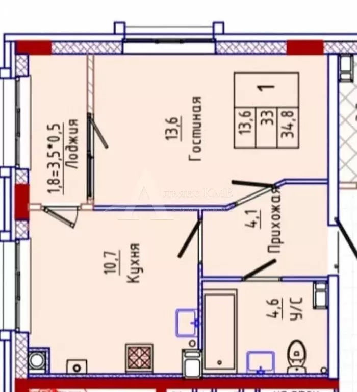 1-комнатная квартира: Кисловодск, улица Катыхина, 185 (33 м) - Фото 1