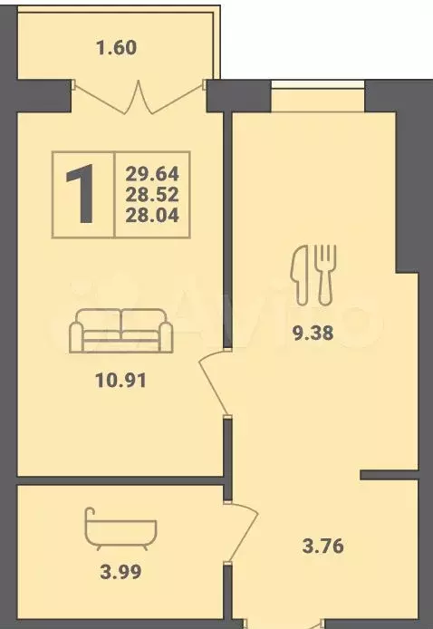 1-к. квартира, 29,6 м, 6/6 эт. - Фото 1