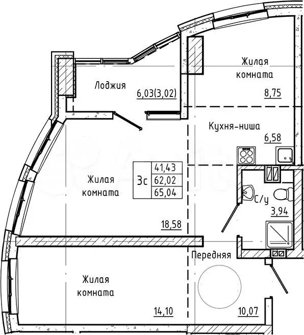 3-к. квартира, 65 м, 3/26 эт. - Фото 1