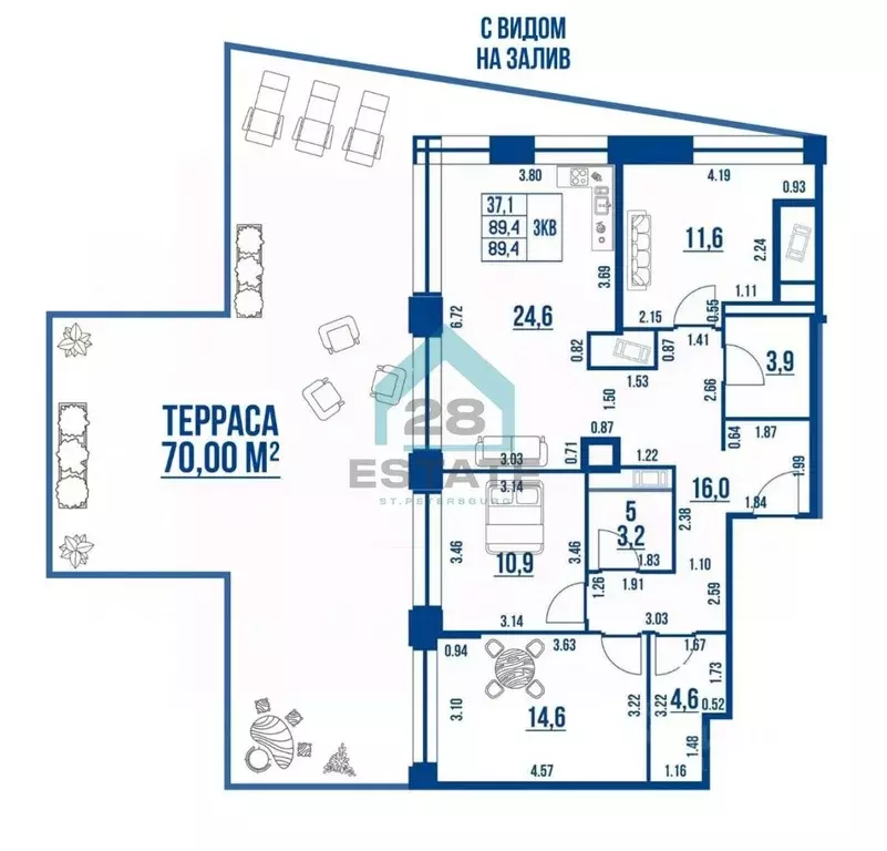 3-к кв. Санкт-Петербург ул. Челюскина, 10 (89.4 м) - Фото 2