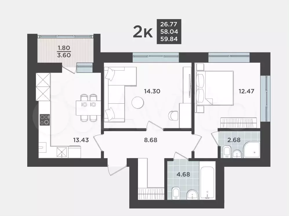 2-к. квартира, 58м, 6/9эт. - Фото 1