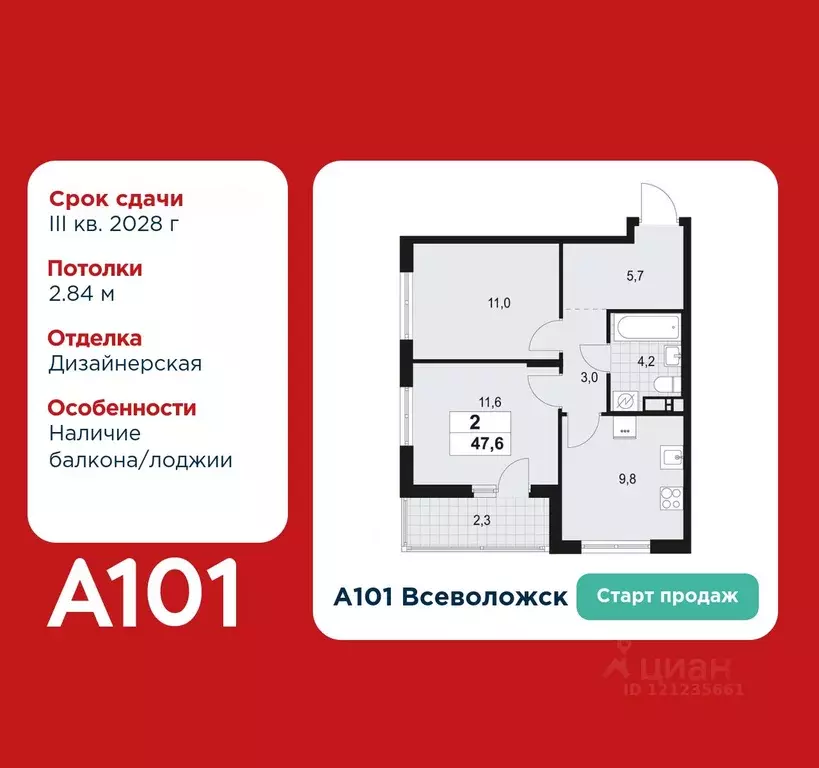 2-к кв. Ленинградская область, Всеволожск А101 Всеволожск жилой ... - Фото 1