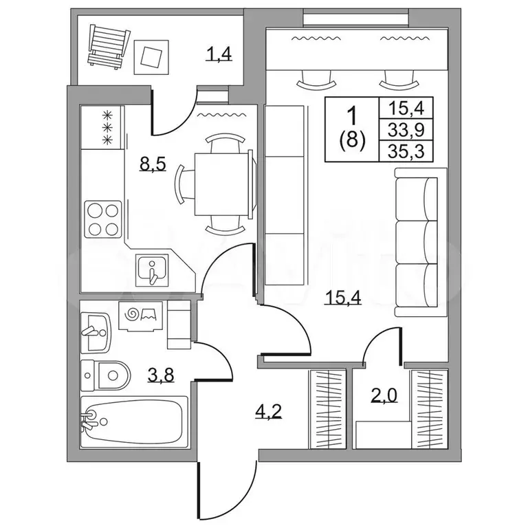 1-к. квартира, 35,3 м, 5/8 эт. - Фото 1