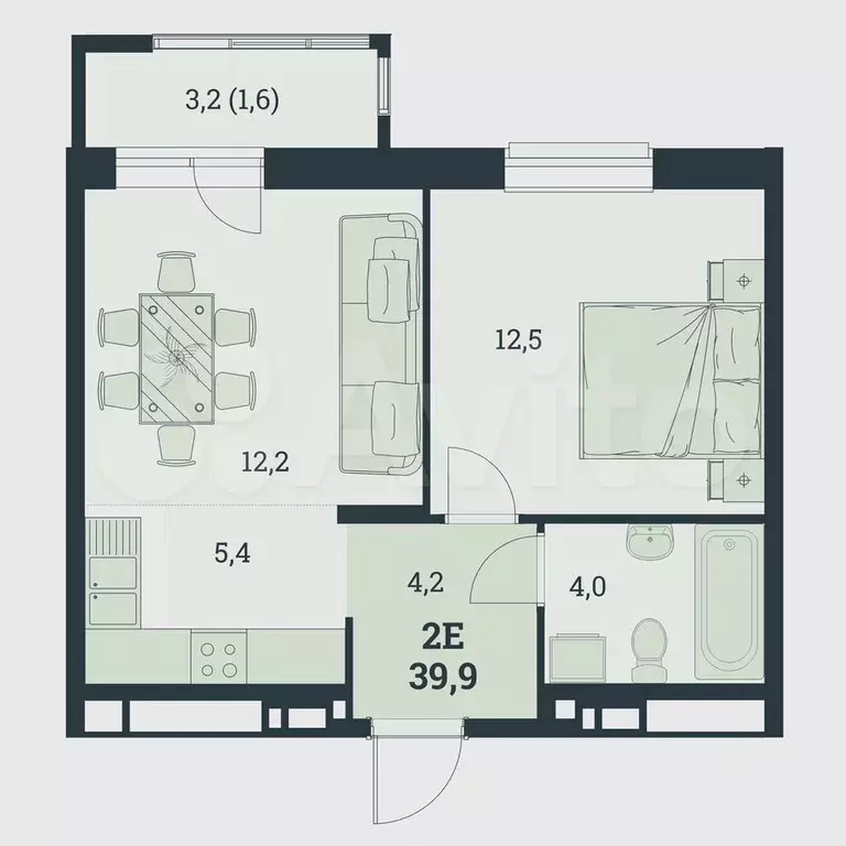 2-к. квартира, 39,9 м, 2/8 эт. - Фото 0