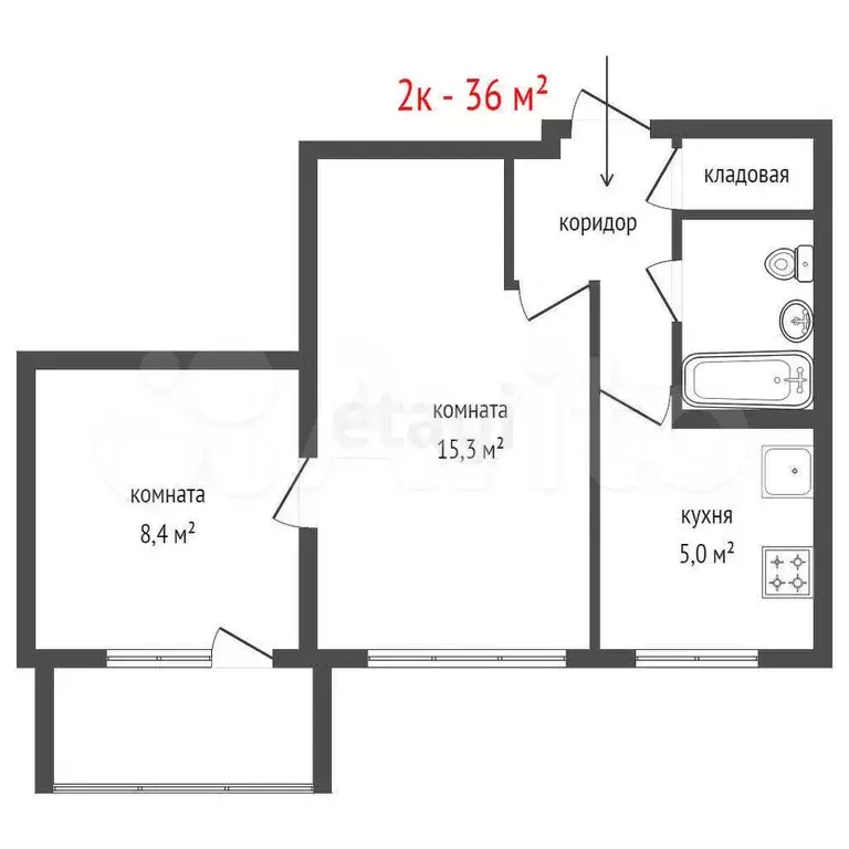 2-к. квартира, 36 м, 5/9 эт. - Фото 1