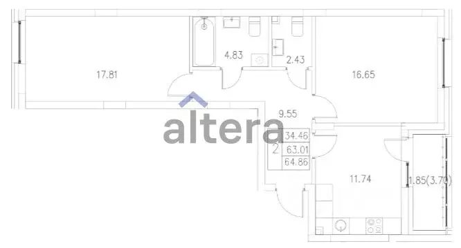 2-к кв. Татарстан, Казань ул. Ярдем, 3 (66.71 м) - Фото 2