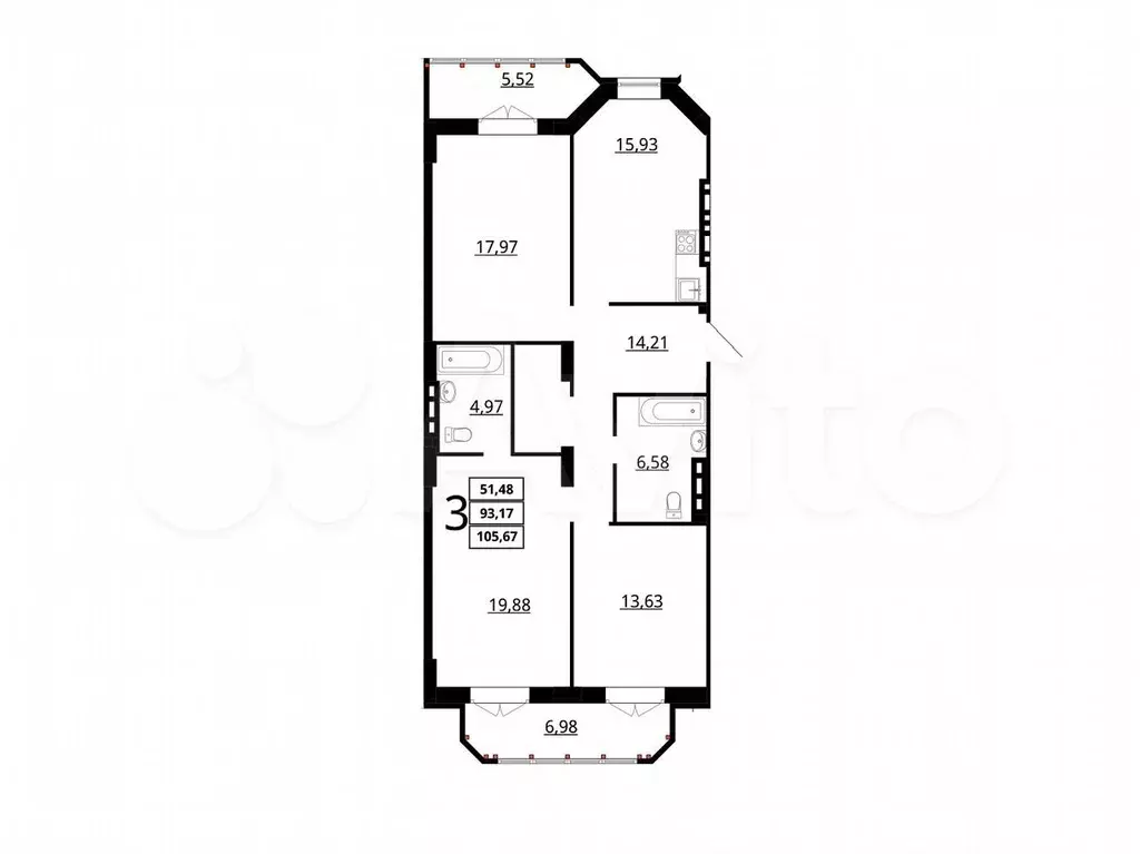 3-к. квартира, 105 м, 3/7 эт. - Фото 1