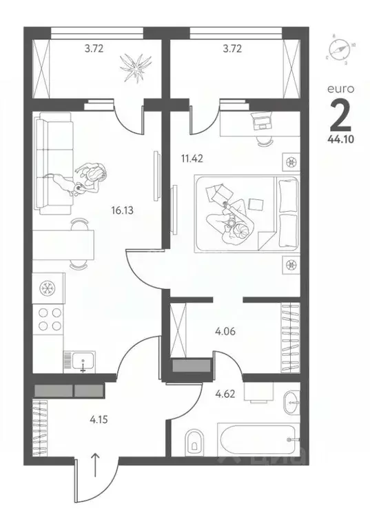 2-к кв. Липецкая область, Липецк ул. Перова, 2 (44.1 м) - Фото 2
