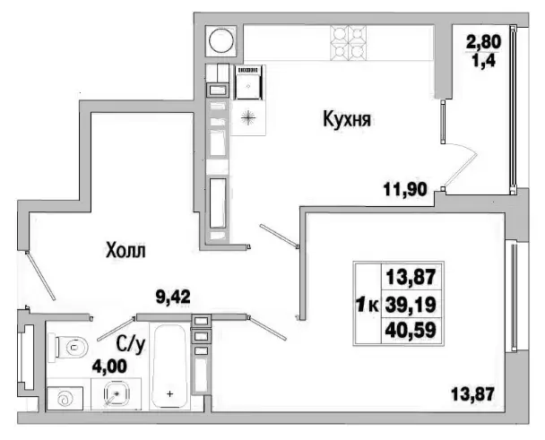 Продаётся 1-к квартира, 40.59 м - Фото 1