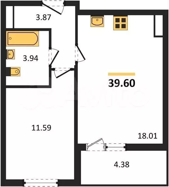 1-к. квартира, 39,6 м, 3/10 эт. - Фото 0