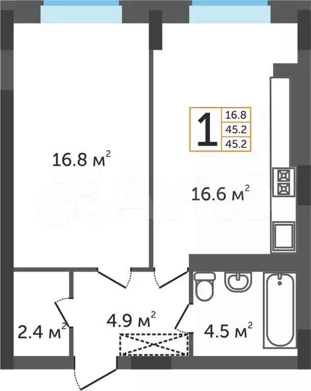 1-к. квартира, 45,3 м, 5/5 эт. - Фото 0