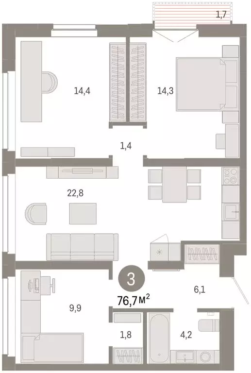 3-комнатная квартира: Тюмень, улица Республики, 205к2 (76.4 м) - Фото 1