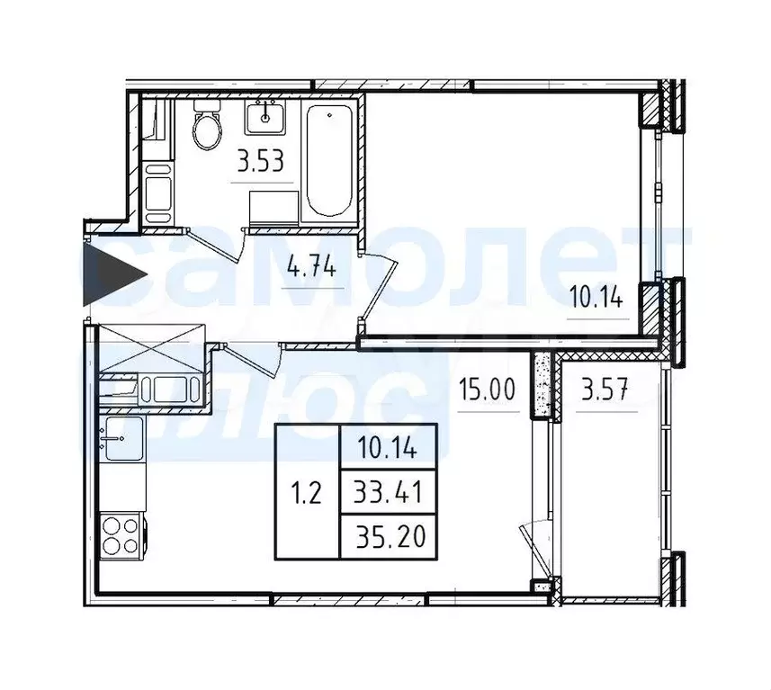 1-к. квартира, 33,4м, 4/9эт. - Фото 0