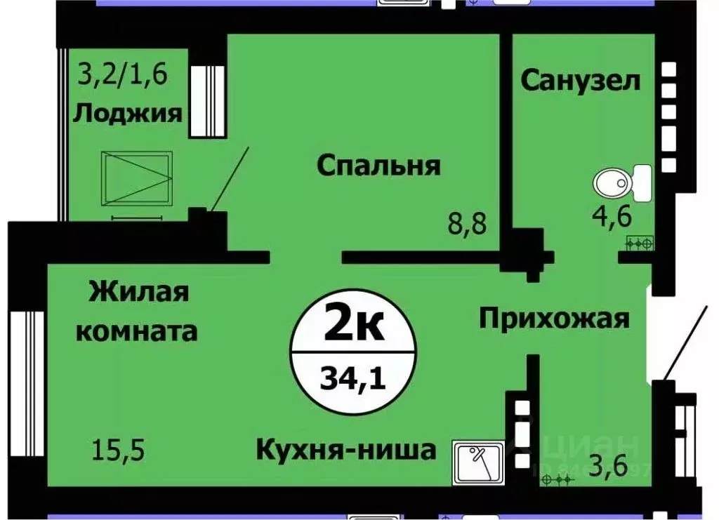 2-к кв. Красноярский край, Красноярск Лесопарковая ул., 43 (34.6 м) - Фото 0