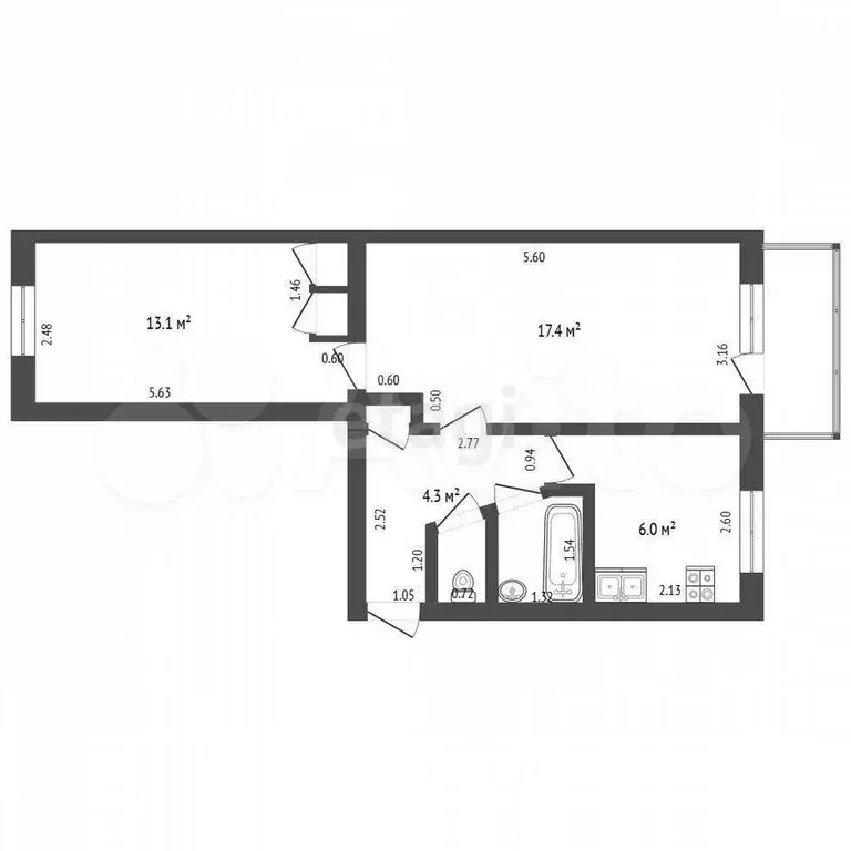 2-к. квартира, 44,8 м, 2/5 эт. - Фото 1