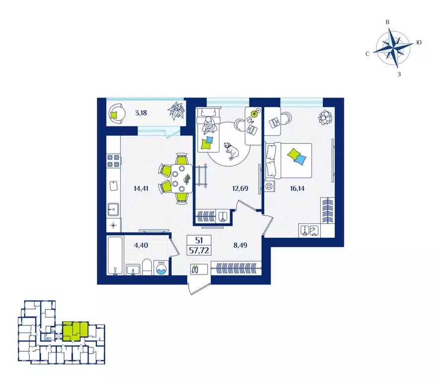 2-к кв. Калининградская область, Зеленоградск  (57.72 м) - Фото 1