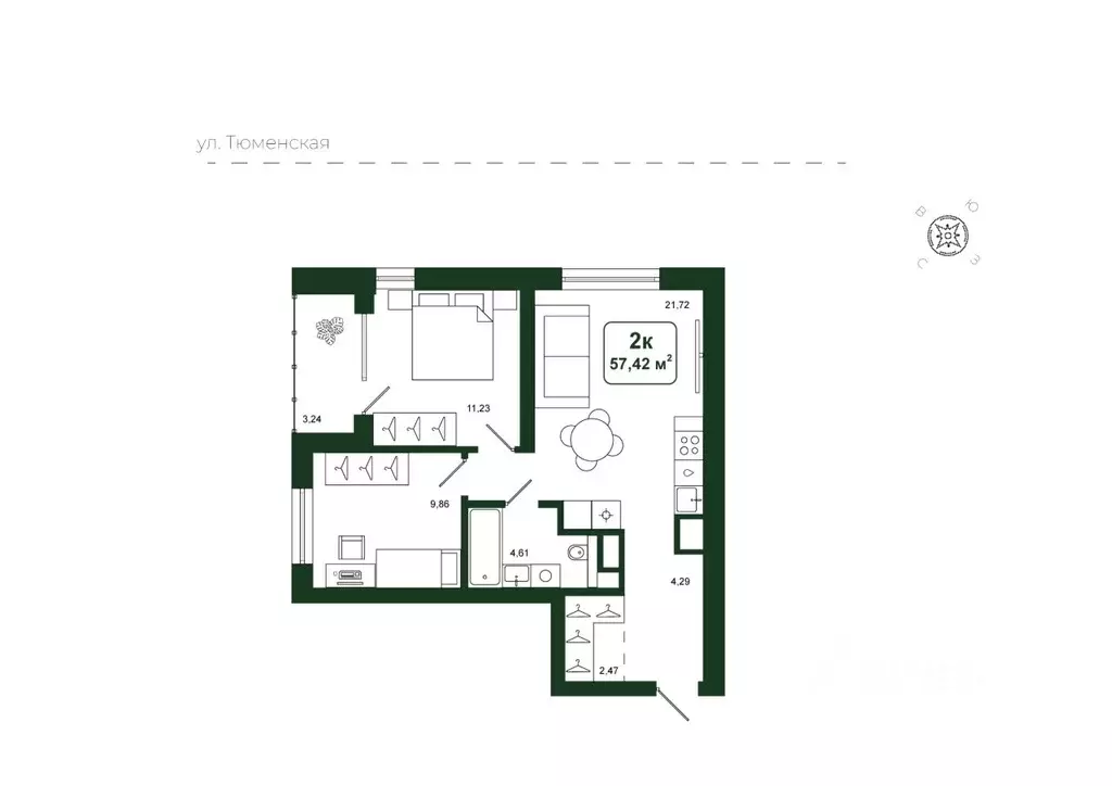 2-к кв. Тюменская область, Тюменский район, д. Дударева Родина-2 жилой ... - Фото 1