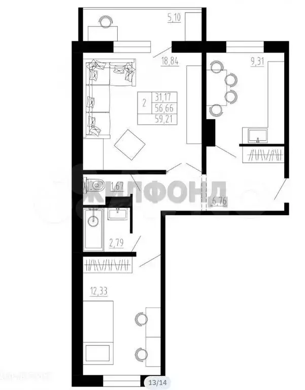 2-к. квартира, 60 м, 10/10 эт. - Фото 0