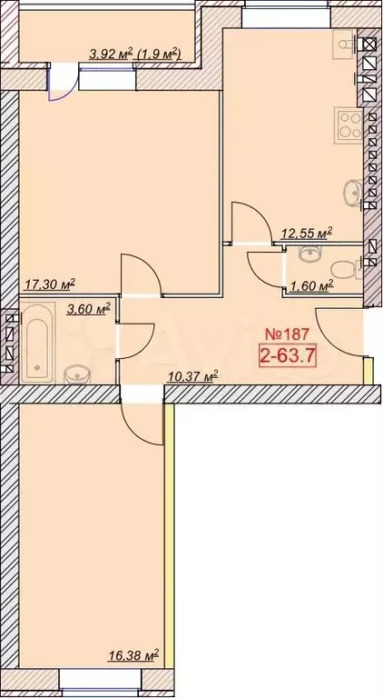 2-к. квартира, 63,7 м, 7/9 эт. - Фото 0