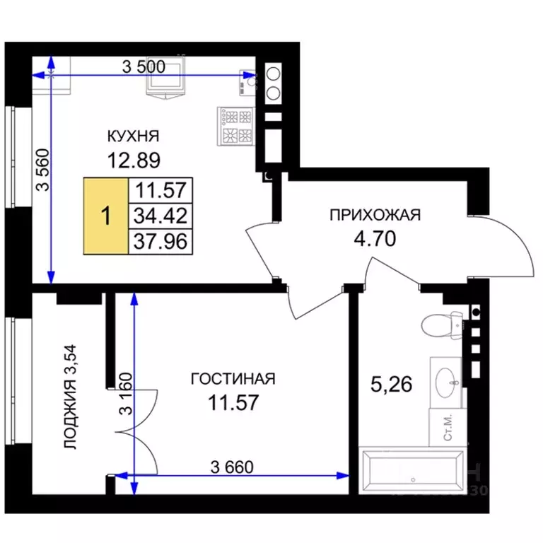 1-к кв. Калининградская область, Гурьевск Включи жилой комплекс (37.96 ... - Фото 0