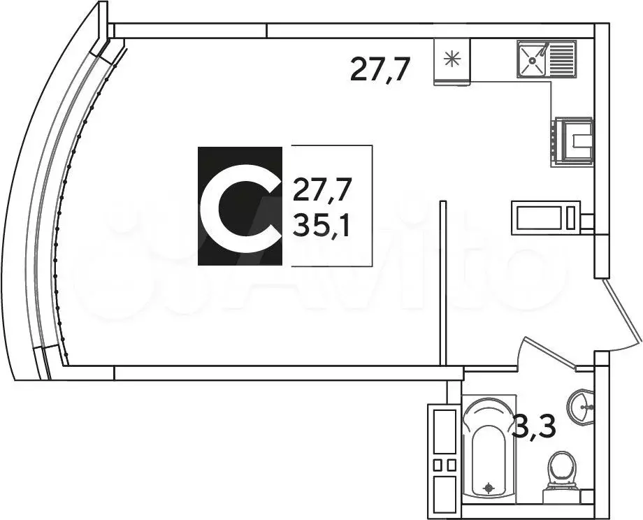 Квартира-студия, 35,1 м, 14/16 эт. - Фото 1