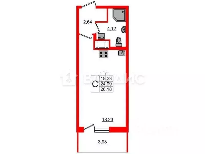 Студия Санкт-Петербург ул. Плесецкая, 20к1 (24.4 м) - Фото 1