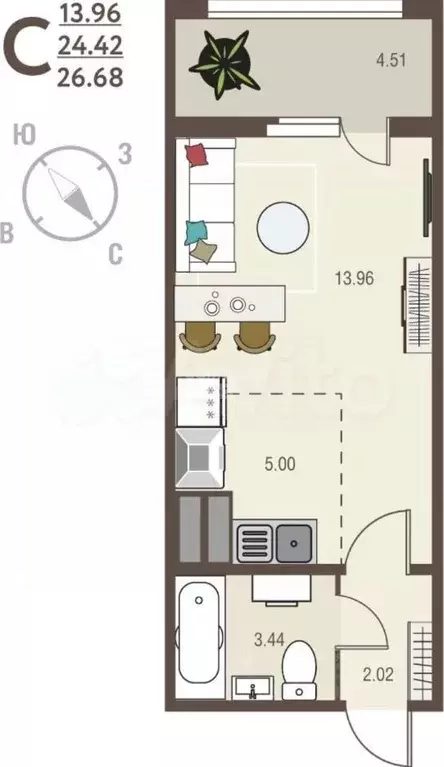 Студия Курская область, Курск ул. Энгельса, 115 (26.0 м) - Фото 1