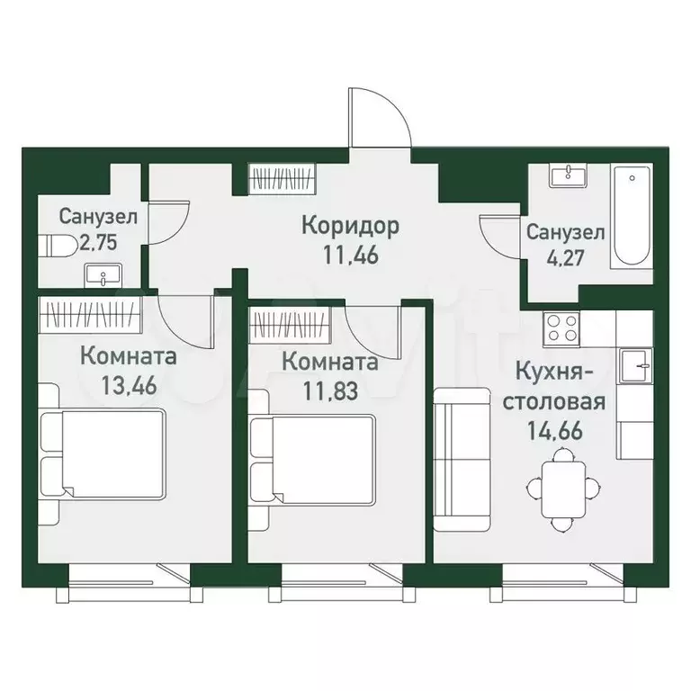 3-к. квартира, 58,4 м, 2/7 эт. - Фото 1